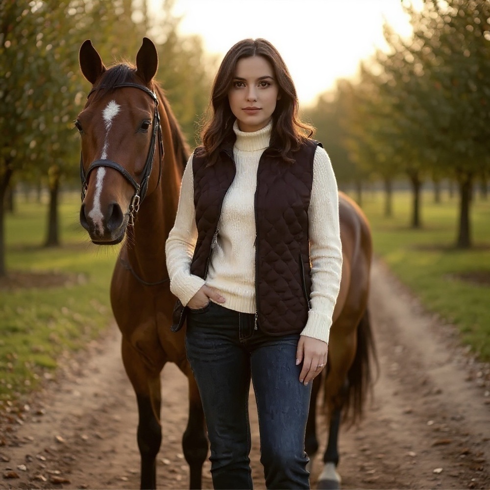 Eddie Bauer Quilted Goose Down Vest S /P Brown Zip Pockets Preppy equestrian